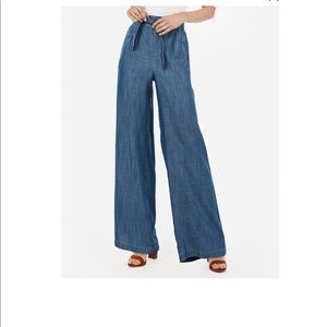 High waisted chambray belted wide leg pants